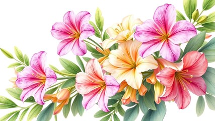 Cassia flowers with green leaves in a soft watercolor floral bouquet, flower arrangement, watercolor flowers