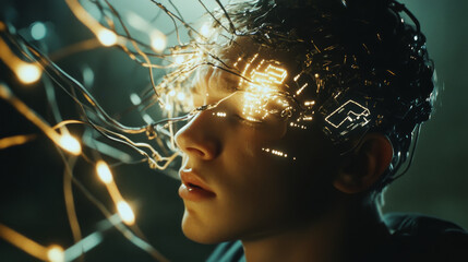 Cybernetic Brain Implant, Neural Network, Futuristic Technology, Digital Enhancement, Human Augmentation