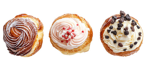 Fototapeta premium Delicious Pastries Selection: Swirls, Cream Toppings, and Fruits Showcase for Culinary Delights and Sweet Treat Inspiration in Bakery Display