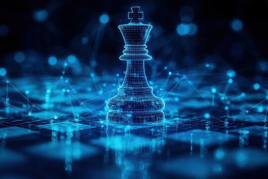 A digital chess piece illuminated in blue, symbolizing strategy and technology in a futuristic chessboard environment.