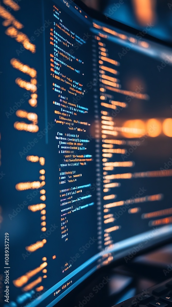 Fototapete Dynamic code interface on computer screen in modern tech-driven office space for software engineers : Generative AI