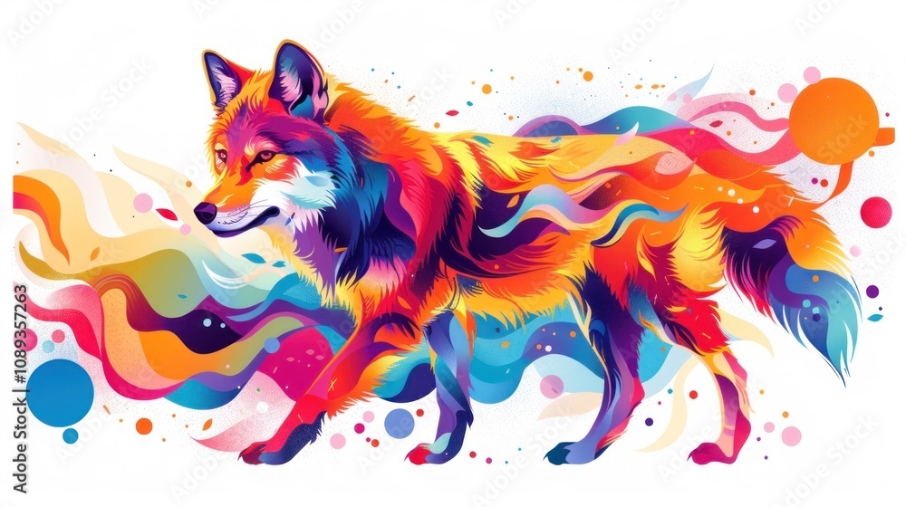 Poster a vibrant, colorful wolf in a dynamic pose against a background of abstract shapes and splashes.