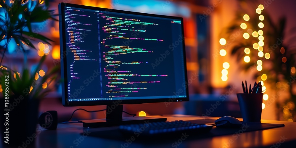 Leinwandbilder Modern Office Workspace with Computer Displaying Colorful Code Amidst Ambient Lighting : Generative AI