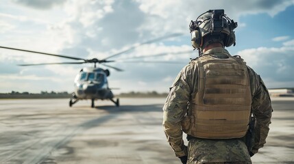 Obraz premium A soldier stands on a runway, observing a helicopter preparing for takeoff.