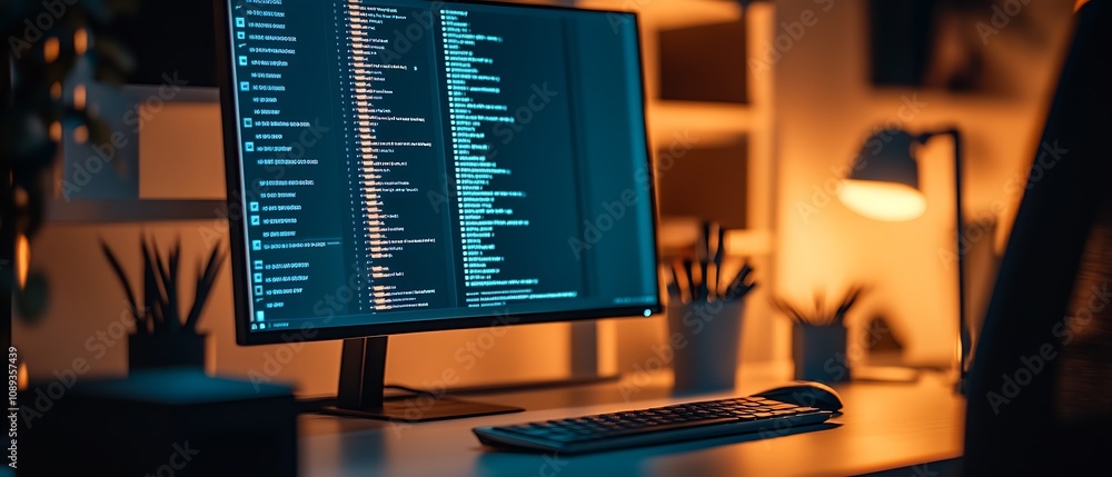 Aufkleber Contemporary Single-Screen Computer Desk Setup with Coding Interface in a Modern Home Office : Generative AI