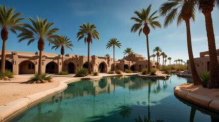 An oasis in the desert with crystal-clear water and palm trees.