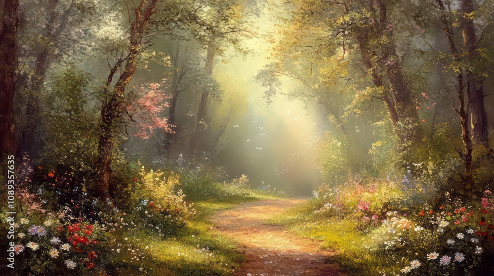 Poster a painting of a path in the middle of a forest with a bright light coming through the trees on either side of the path is a dirt road with grass and flowers on both sides.