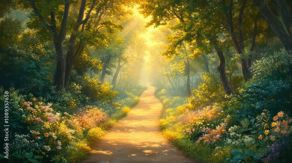 Poster sunbeams illuminate a path through a lush, green forest with wildflowers blooming on the sides.