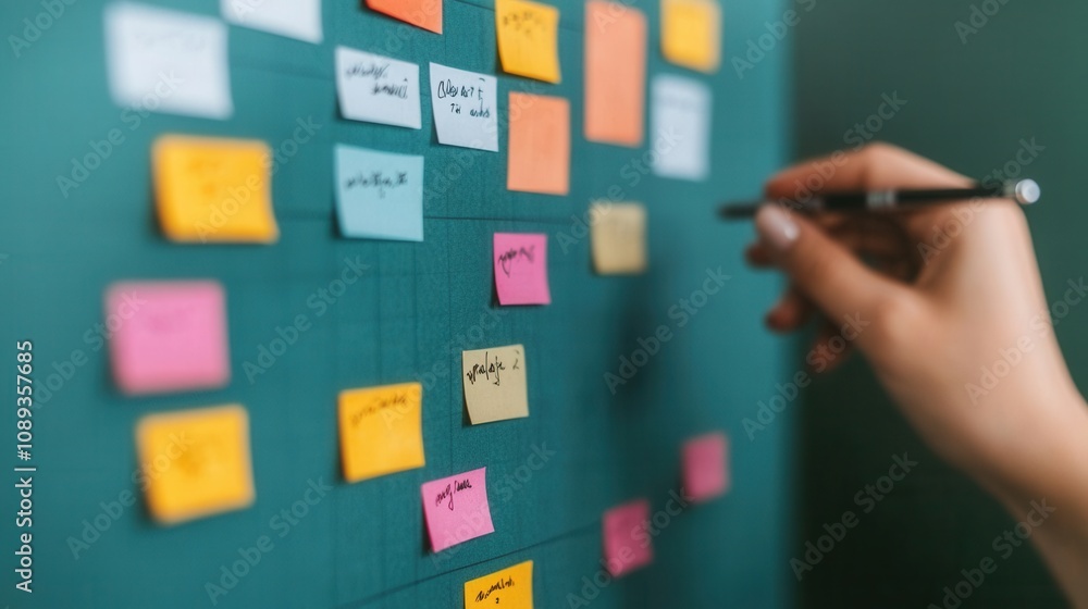 Poster a hand holds a pen, preparing to add notes to a colorful sticky note board on a green background, re
