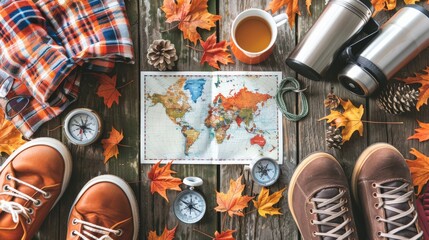 Autumn camping essentials including shoes, compass, plaid shirt, and world map on wooden surface. Concept of cozy outdoor exploration, travel planning, and enjoying nature during the fall season.