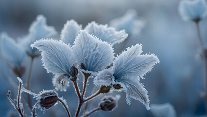 Frosty winter flowers shimmer in the morning light. Delicate petals are coated in ice crystals, creating a beautiful winter scene. The soft, cool tones enhance the wintery atmosphere.