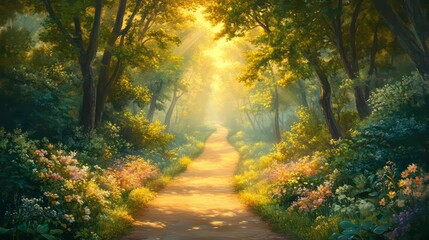 Naklejka premium Sunbeams illuminate a path through a lush, green forest with wildflowers blooming on the sides.