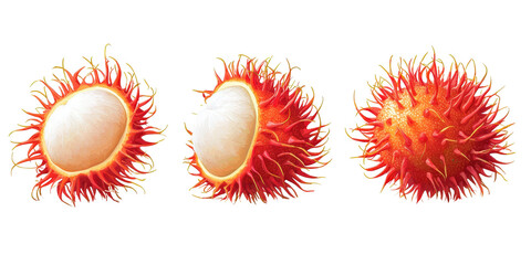 Vibrant Rambutan Fruit Collection with Spiky Red Exterior and White Flesh, Showcasing Unique Tropical Appearance and Texture for Culinary and Health Contexts