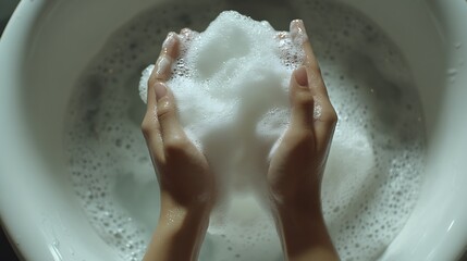 Fototapeta premium Soft Lather from Soap in Cupped Hands Over Sink Emphasizing Hygiene and Clean Habits : Generative AI