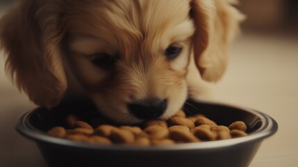 Adorable Golden Puppy Eating from a Bowl of Nutritious Dog Kibble on a Cozy Floor : Generative AI