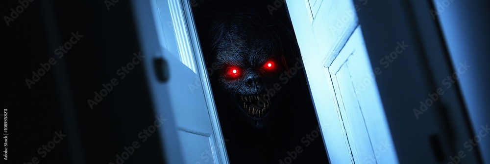 Poster a scary monster with red eyes is seen through a door. the monster has a mouth that is open and is su