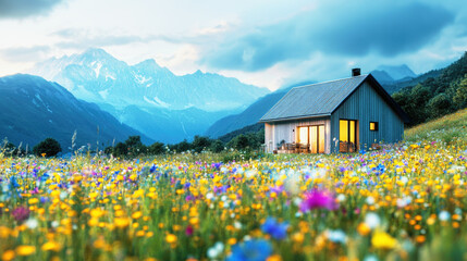 Fototapeta premium Blurry eco smart home amid vibrant wildflowers in a serene mountain valley landscape