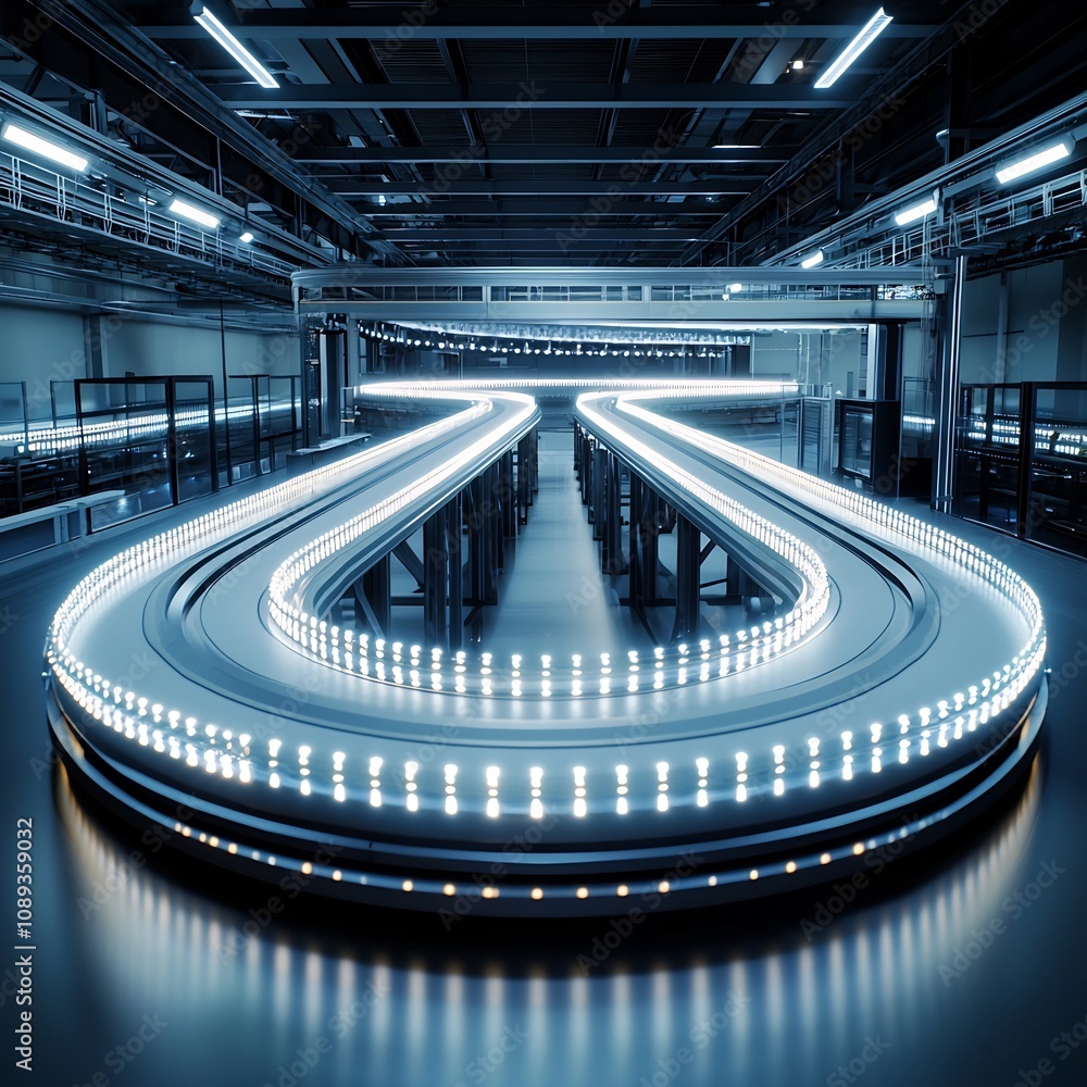 Poster futuristic circular conveyor belt system in zero waste sustainable factory with continuous material 