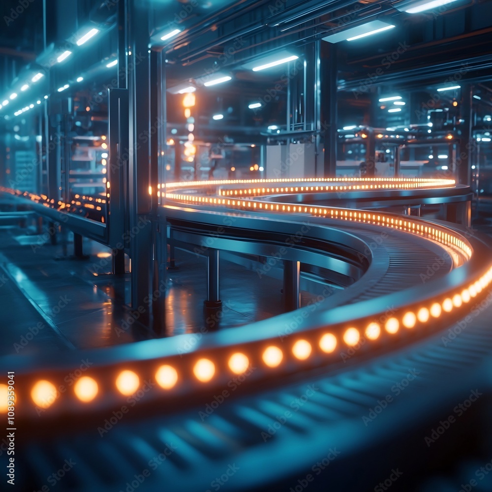 Poster glowing circular conveyor belt system in futuristic factory symbolizing zero waste and circular econ