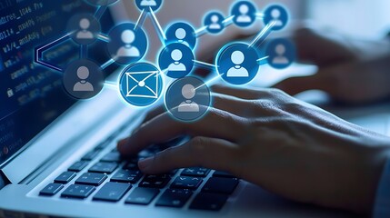 A person typing on a laptop with digital network icons representing communication and connectivity.