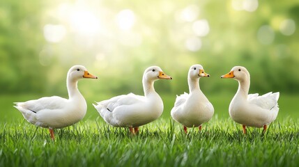 Obraz premium Four White Ducks Standing on Lush Green Grass Under Soft Natural Light in a Scenic Outdoor Environment, Perfect for Nature and Wildlife Photography Needs
