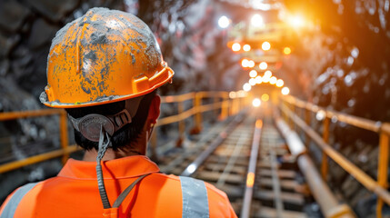 A miner standing in an illuminated underground tunnel, wearing a dusty orange helmet and reflective gear, observing the mining machinery in the distance.
