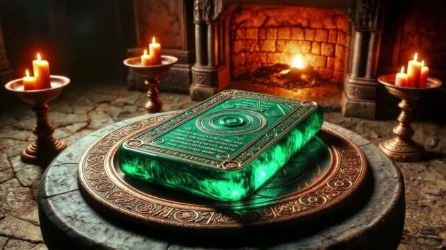 Emerald Tablet of Thoth / Hermes Trismegistus glowing with ancient symbols, set in mystical, candlelit study. Scrolls and books in background add to arcane atmosphere.	

