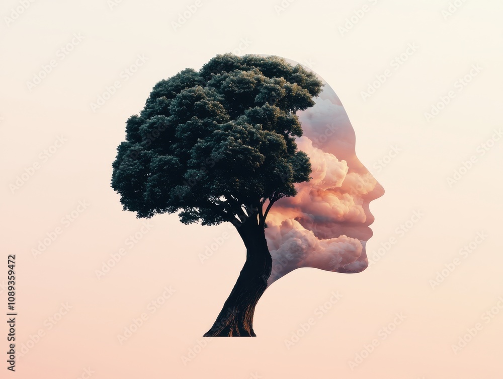 Poster a surreal blend of a tree and a human face, symbolizing the connection between nature and humanity w