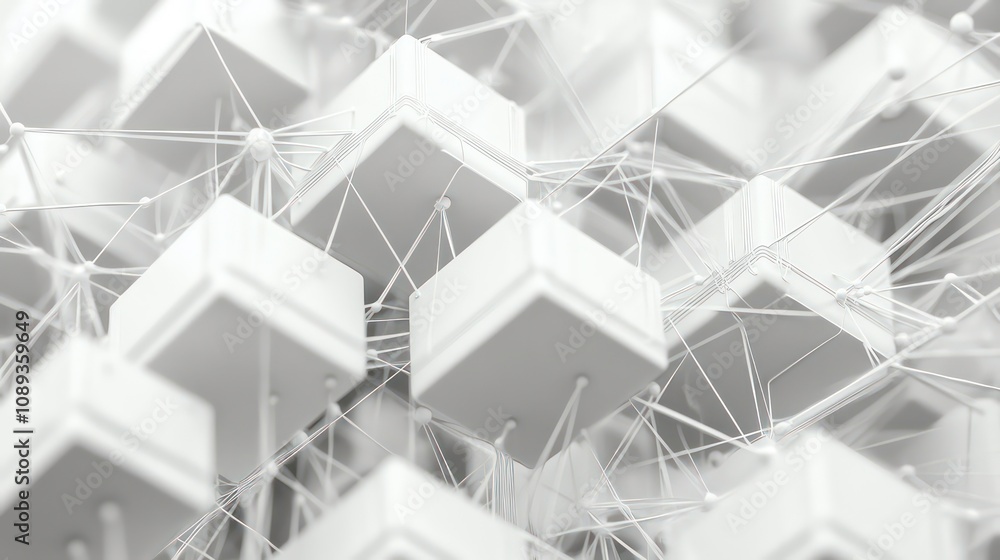 Poster A modern and interconnected design is created by an abstract network of white cubes and lines.