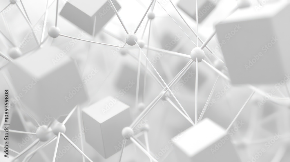 Fototapete Abstract 3D rendering of white cubes connected by lines and spheres, creating a network structure.