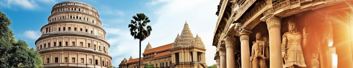 Fototapeta premium A dreamlike or painting collage banner of famous travel destinations from around the world.