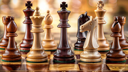 Chess pieces positioned strategically on a wooden chessboard during a match