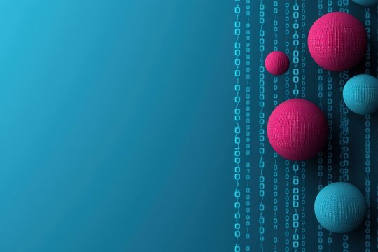 Abstract digital background featuring colorful spheres against a binary code backdrop, representing technology and data visualization.