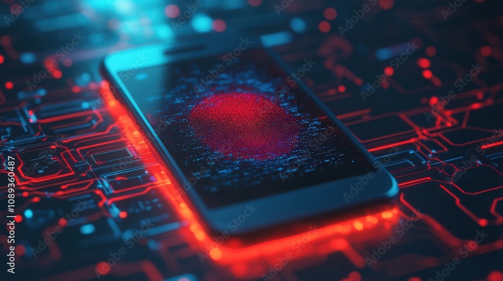 Poster a smartphone displays a fingerprint against a high-tech circuit background, symbolizing digital secu
