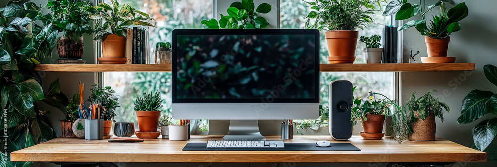 Poster bright indoor workspace showcases a computer surrounded by various plants, creating a fresh and invi