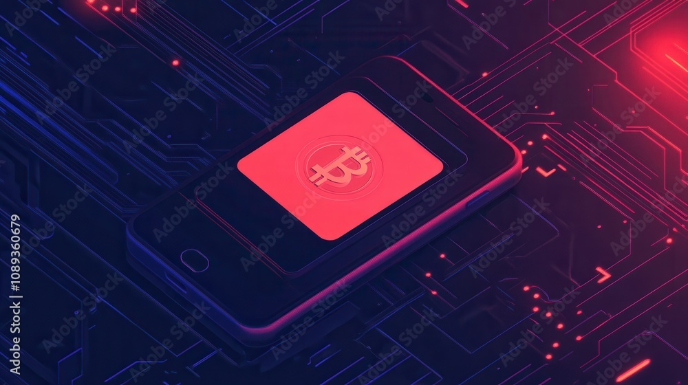 Poster a digital representation of a smartphone chip with a bitcoin symbol, set against a futuristic circui