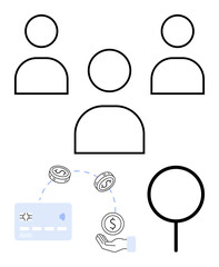 Human figures above digital payment elements thumbs up a credit card, hand with coins, magnifying glass. Ideal for financial technology, banking, investing, online shopping, digital wallets