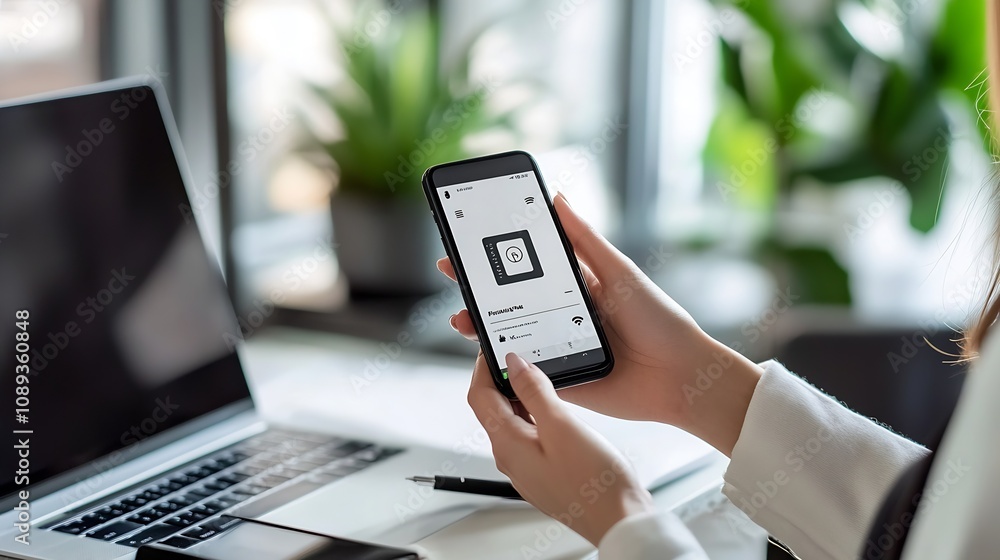 Aufkleber Professional in modern office checks smartphone for secure app features : Generative AI