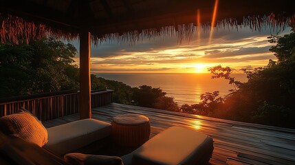 Fototapeta premium Tranquil Tropical Sunset View from a Cozy Wooden Deck Overlooking the Ocean with Relaxing Loungers : Generative AI