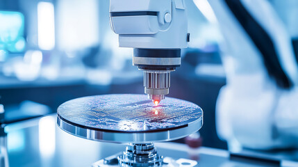 Close up of a semiconductor wafer held by a robotic arm in a cleanroom. The advanced technology and precision required in semiconductor manufacturing

