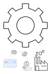 Large cogwheel with symbols of financial transactions, hand receiving money, and industrial factory. Ideal for business processes, industry, finance, automation, manufacturing, productivity