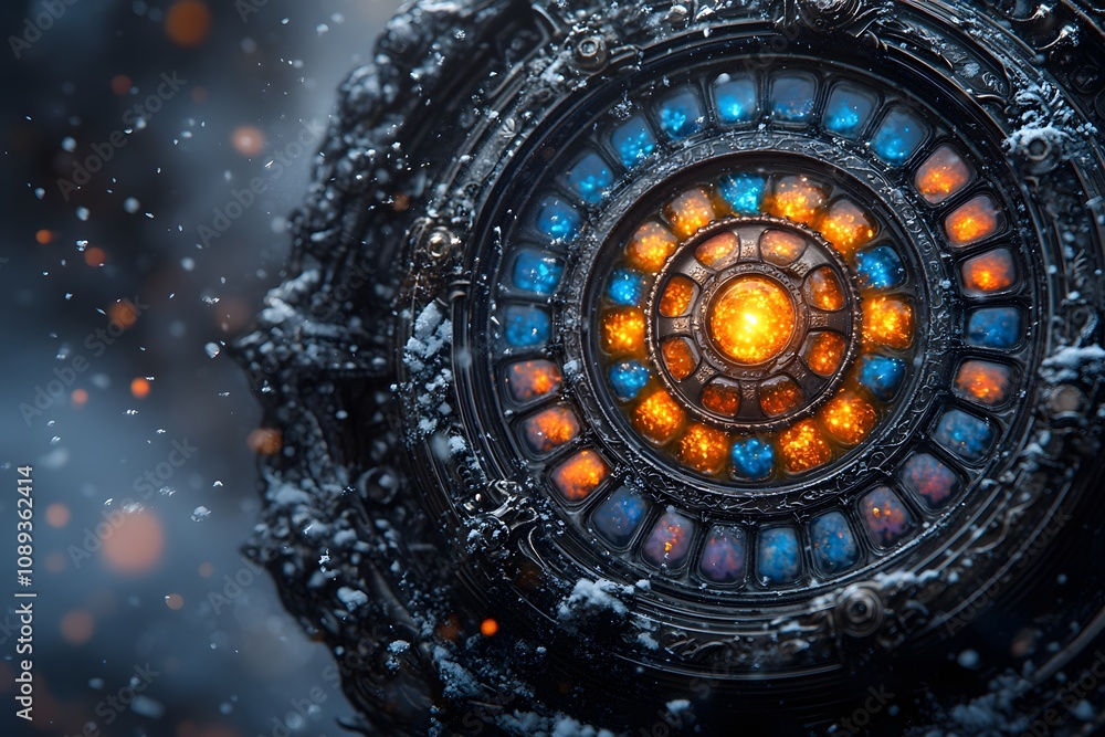 Aufkleber a mystical circular device with glowing gems and intricate designs, set in a snowy environment.