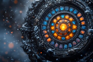 Fototapeta premium A mystical circular device with glowing gems and intricate designs, set in a snowy environment.