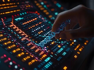 A hand manipulating a digital interface with vibrant lights and a DNA strand overlay.