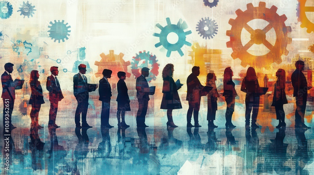 Poster silhouettes of diverse business people standing in a row with gears in the background, representing 