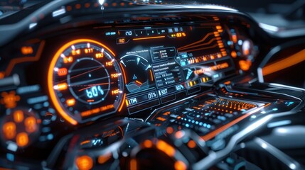 Futuristic car dashboard with digital interface.