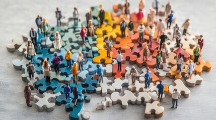 Miniature figurines of people standing on colorful puzzle pieces, representing diversity and community.