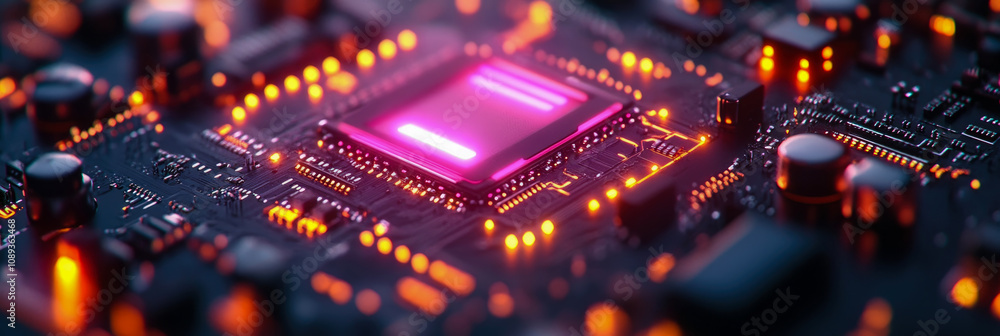 Poster a close-up view showcases vibrant lights on a circuit board, revealing the complexity of electronic 