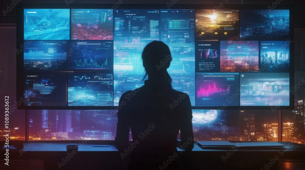 Poster A person is sitting in front of a large monitor displaying many screens. The screens show a variety of data, including graphs, charts, and cityscapes.