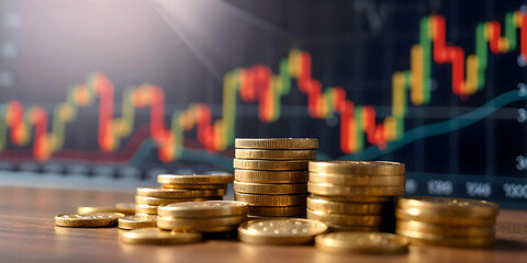 Stacks of crypto gold coins with computer screen displaying a stock market chart with candlestick patterns and trading indicators, suggesting an analysis of financial data